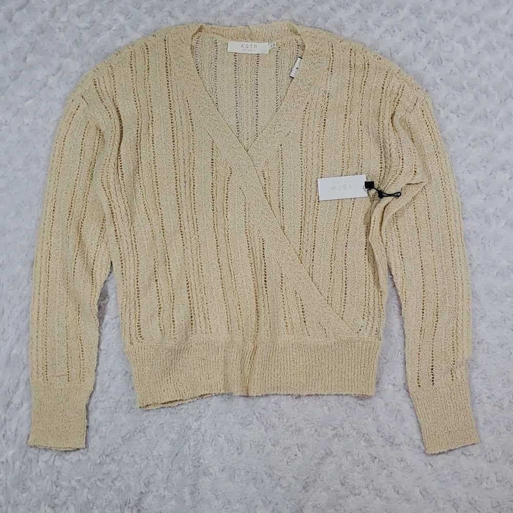 ASTR The Label Womens Wrap Front Pointelle Sweater Pullover Cream Size XL NWT